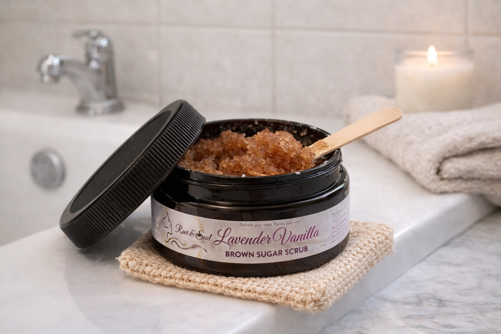 Root & Soul Lavender Vanilla Brown Sugar Scrub- Exfoliating Glow Polish (7.5 oz)